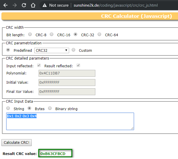 Calculating CRC32 as commonly calculated online